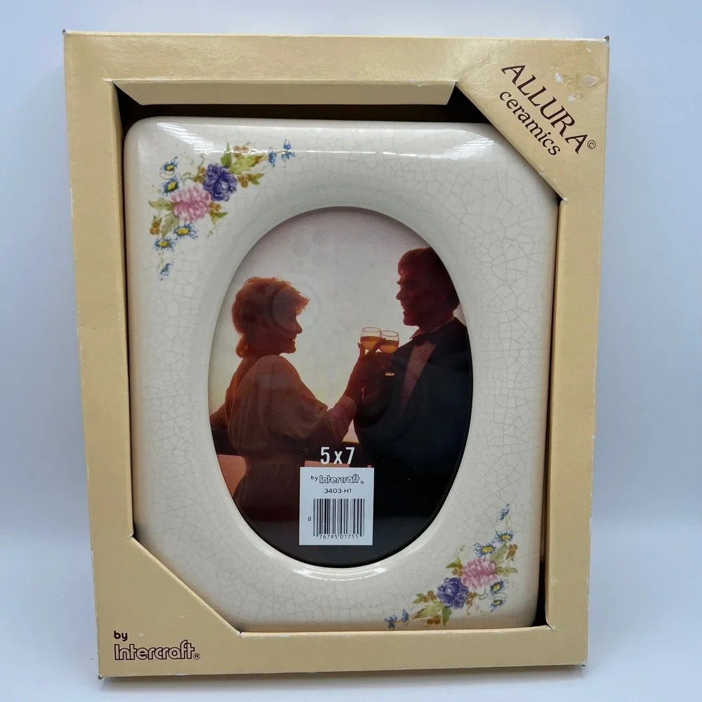 Vintage 80s Allura Ceramics Intercraft 5x7 Picture Frame Floral Crackle Glaze